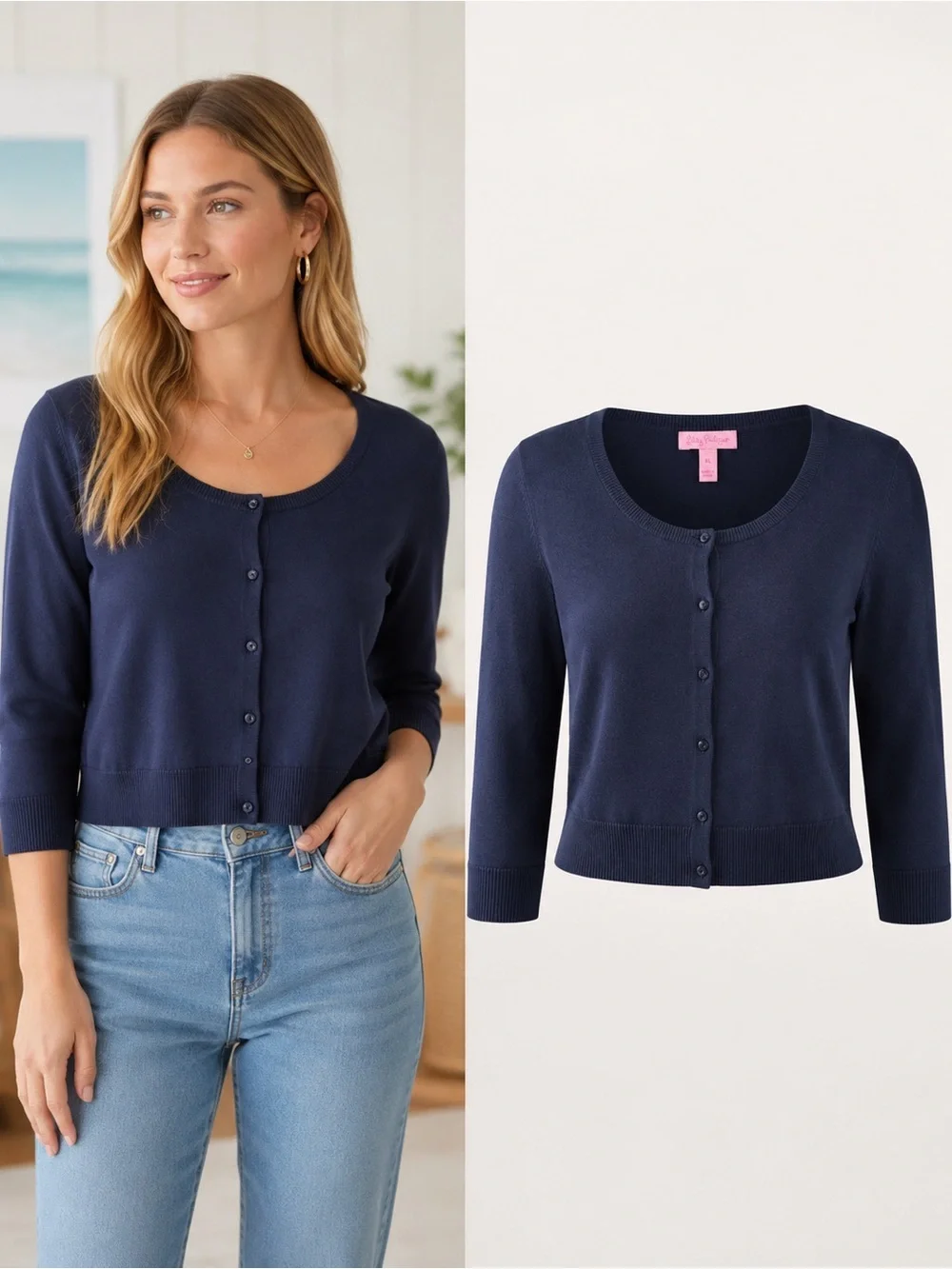 Lilly Pulitzer | Navy Blue Cotton Modal Cropped Cardigan Sweater | XL